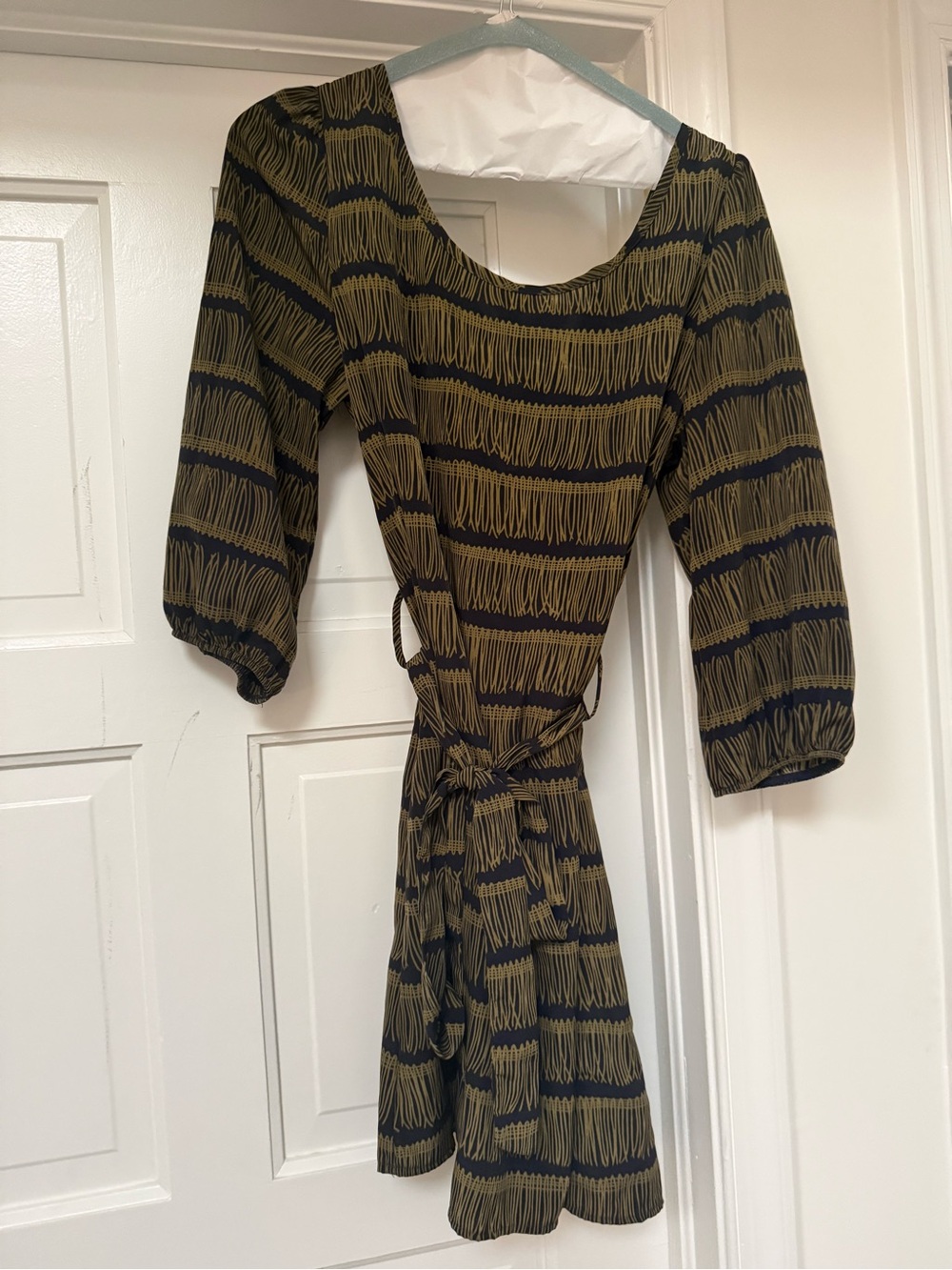 Tie-Waist Olive Patterned Mini Dress